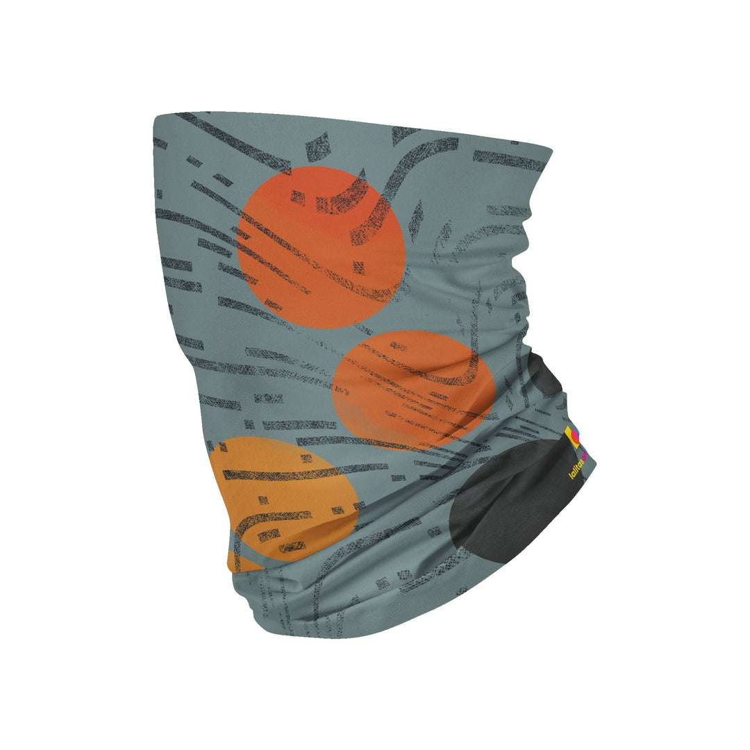 Multifunction tube in orange, grey, and black abstract pattern, displayed flat.