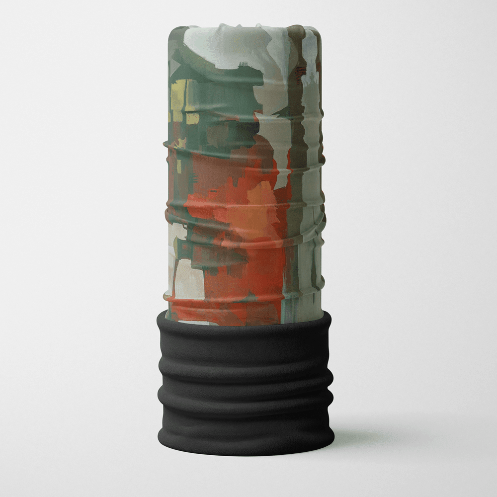 A tubular neck gaiter with a colorful abstract art print and a black fleece lower section against a white background.