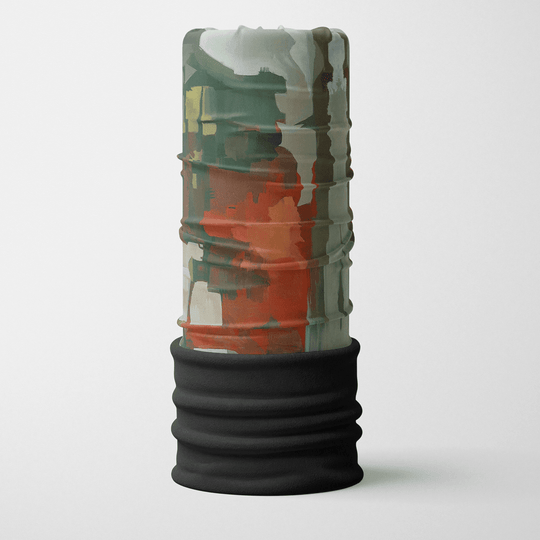 A tubular neck gaiter with a colorful abstract art print and a black fleece lower section against a white background.