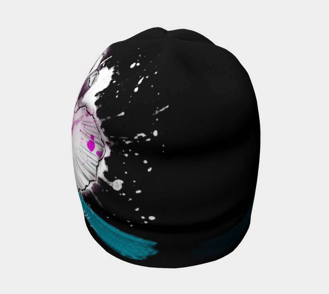 Side view of the New Poppy Beanie for Girls and Women, displaying the artwork with splatters and paint strokes.