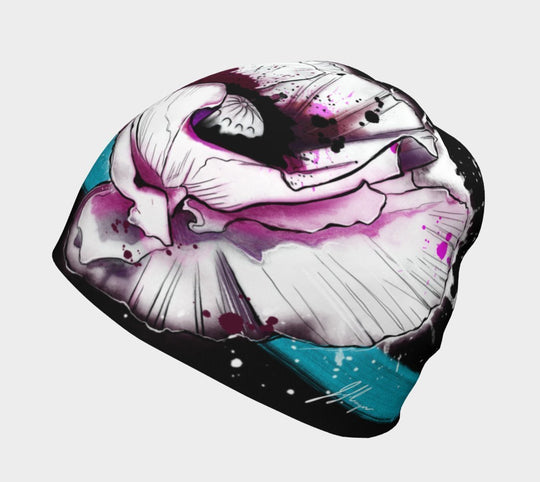 New Poppy Beanie for Girls and Women showing a close-up of the floral pattern with pink and blue accents.