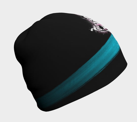 Back view of the New Poppy Beanie for Girls and Women, highlighting its black polyester exterior with a teal stripe.