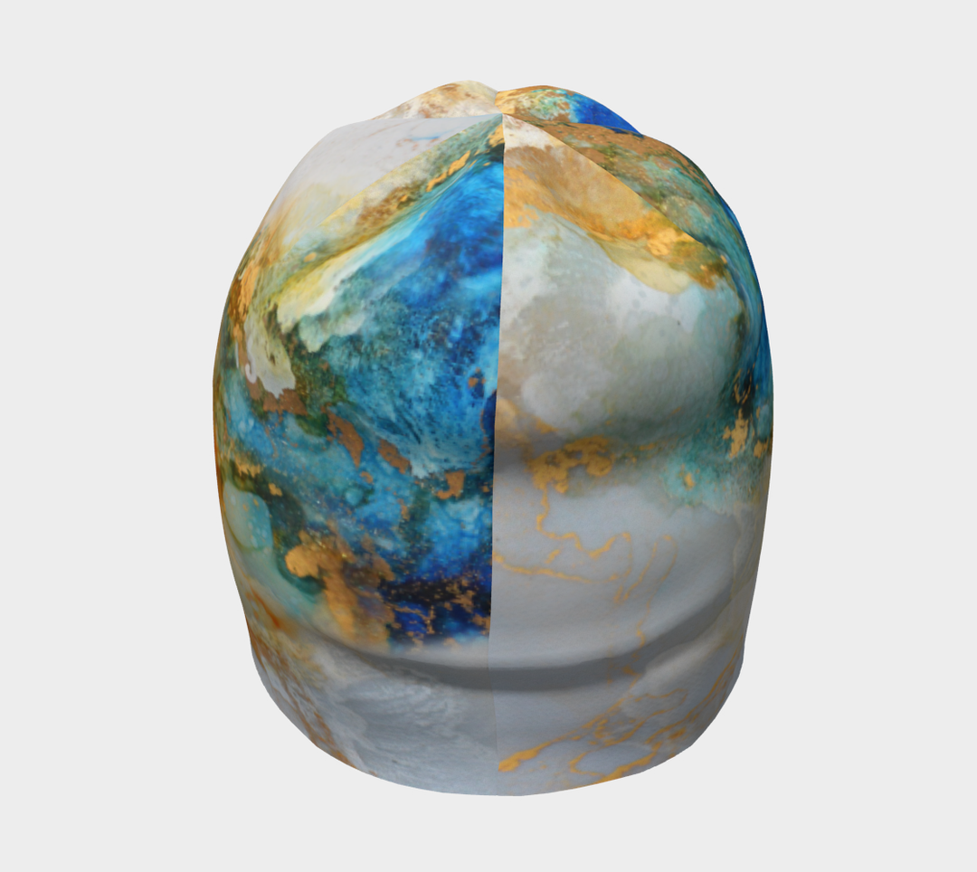 Front view of the Ocean Marble Beanie, showcasing the seamless integration of the artistic marbled pattern.