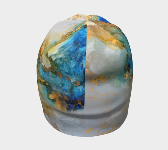 Front view of the Ocean Marble Beanie, showcasing the seamless integration of the artistic marbled pattern.