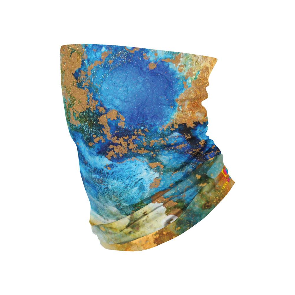 Close-up of an Ocean Marble multifunctional tube with swirling blue, green, and gold abstract art.