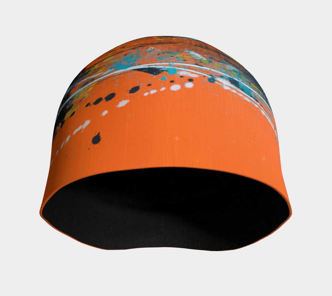Interior view of the orange abstract beanie, highlighting the black bamboo lining.