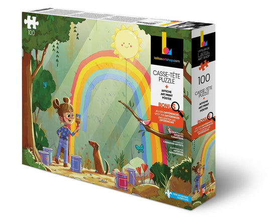 Box of the Painting Rainbows 100-piece kids jigsaw puzzle, showing a girl painting a rainbow in a forest setting.