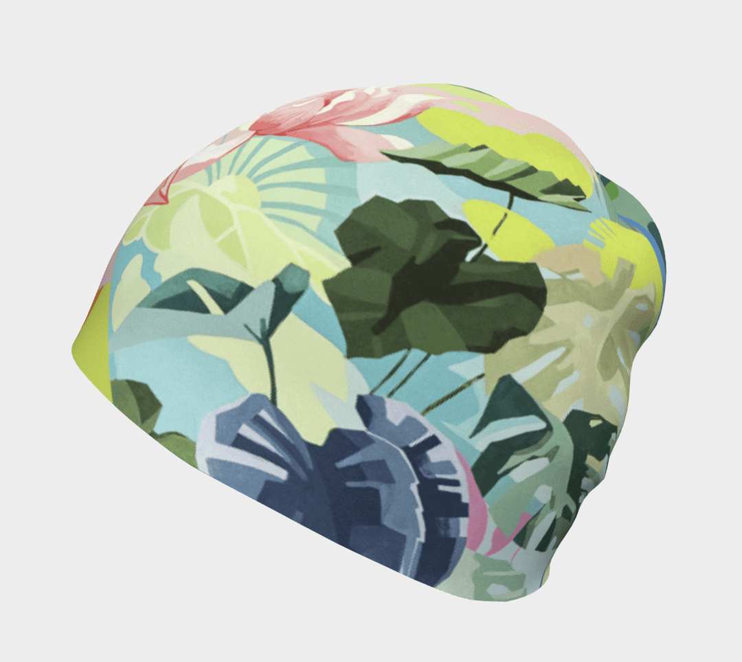 Close-up of a women's beanie featuring a vibrant pastel floral print.