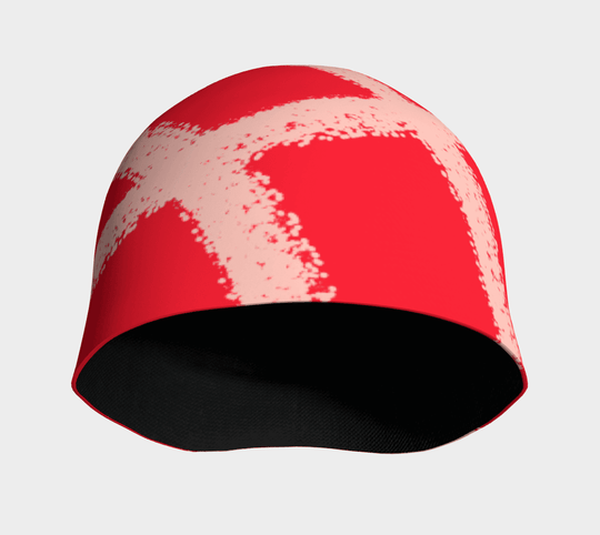 Red beanie with abstract peach-coloured swirl pattern, interior view showing black bamboo lining.