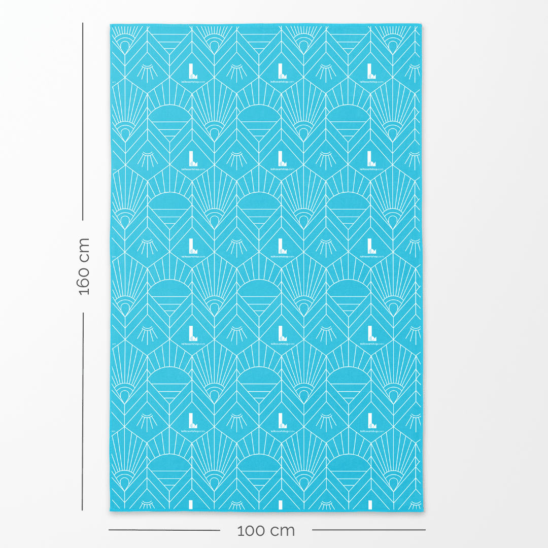 Dimensions of the aqua art towel showing it is 100 cm wide and 160 cm long.