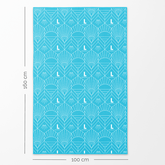 Dimensions of the aqua art towel showing it is 100 cm wide and 160 cm long.