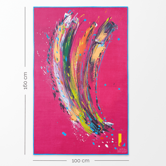 Dimensions of the pink art towel showing it is 100 cm wide and 160 cm long.