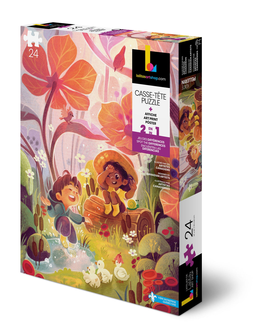 Kids' jigsaw puzzle box featuring playful rain forest scene with two children and ducks.
