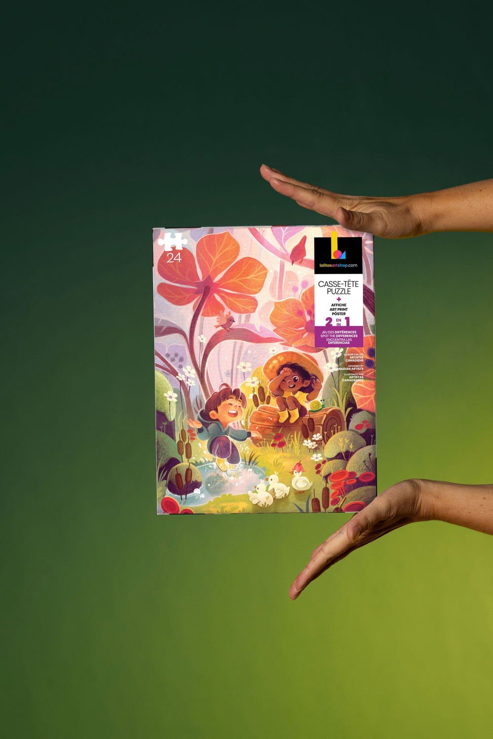 Hands holding the Playful Rain 24-piece kids' jigsaw puzzle box, showcasing the colourful artwork.