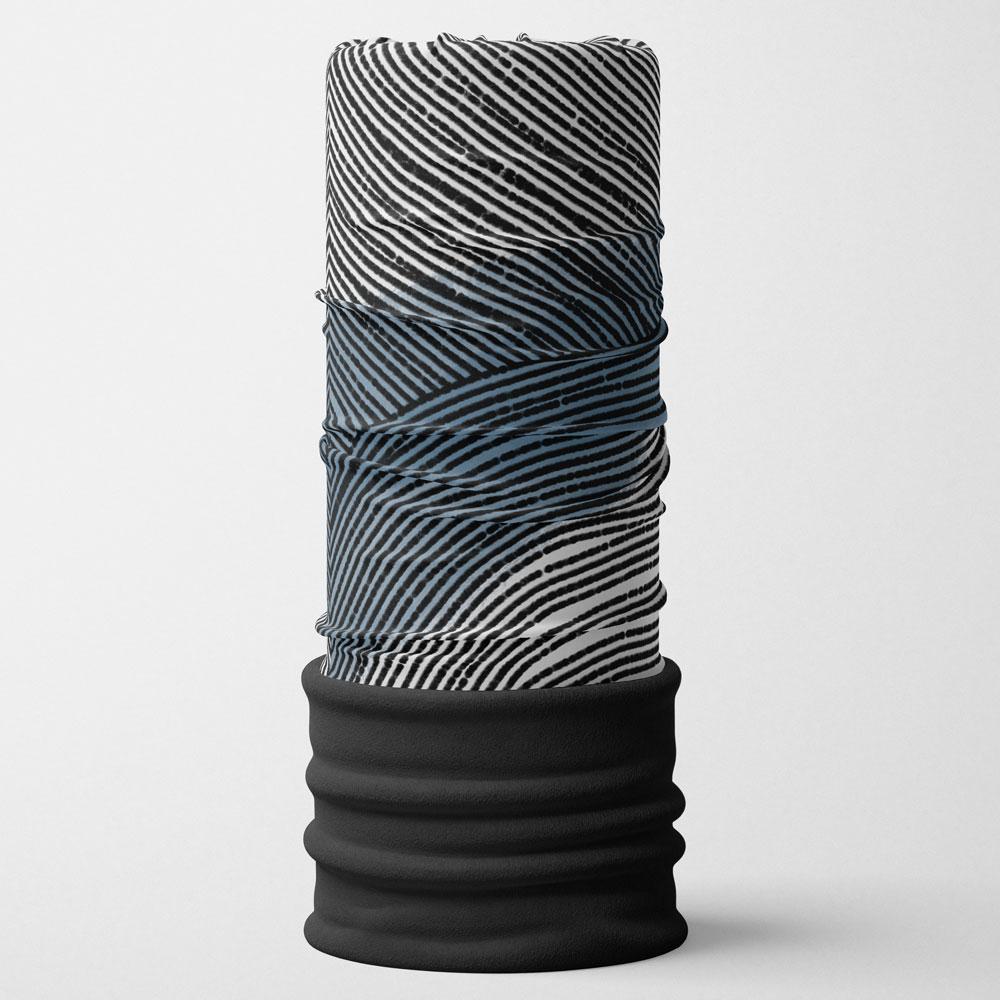 A cylindrical fabric tube with a black fleece bottom and a white, grey, and blue abstract striped pattern on top.