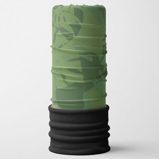 Green and beige camouflage print multifunctional tube with black ribbed bottom.