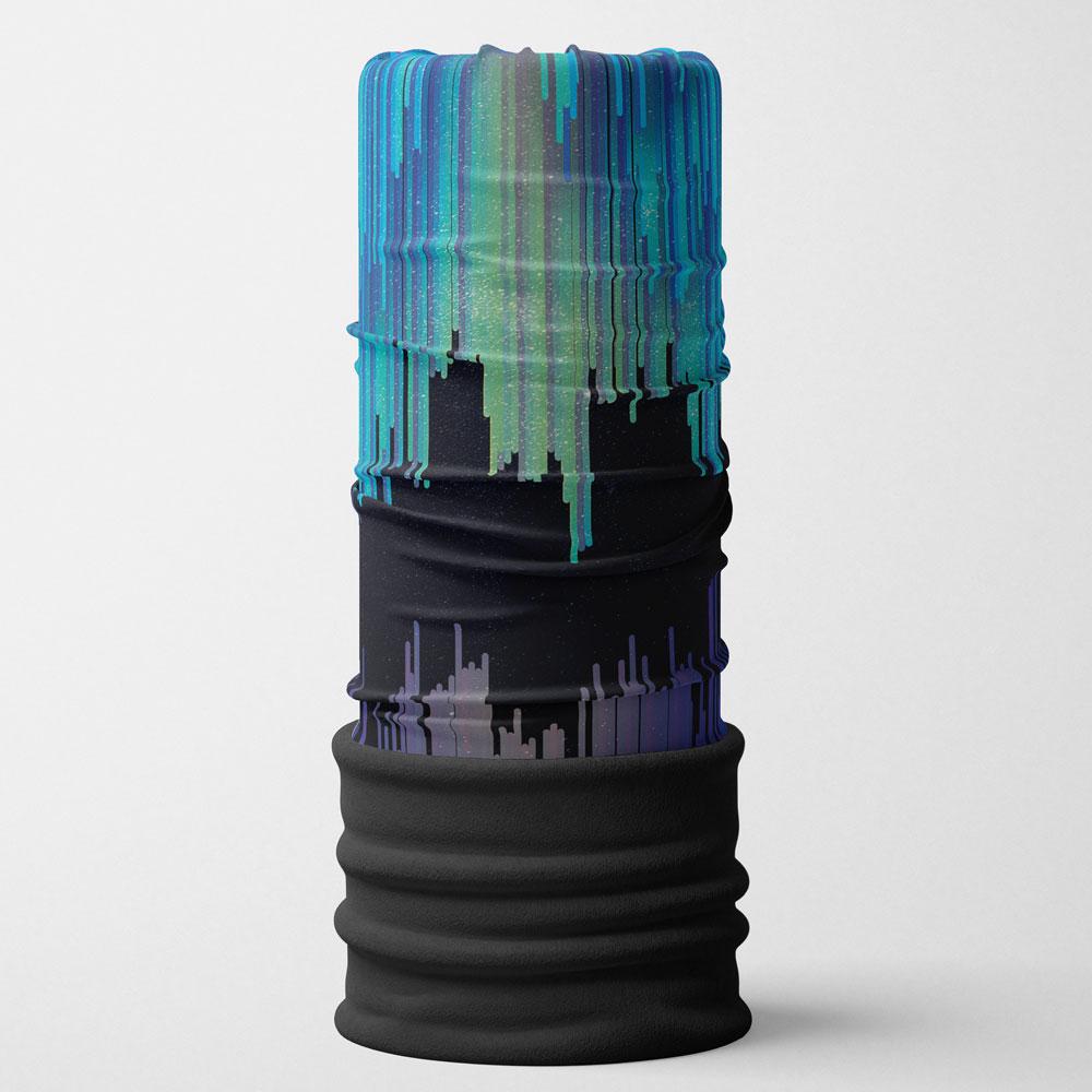 A black multifunctional tube with a vibrant, dripping blue and green abstract art design against a white background.
