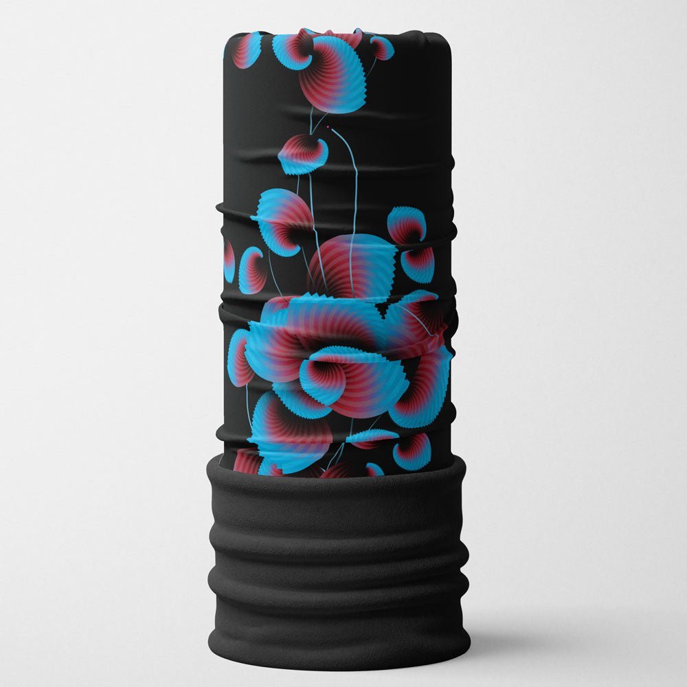 Black multifunctional neck tube with a vibrant blue and pink floral design and a black fleece lower section.