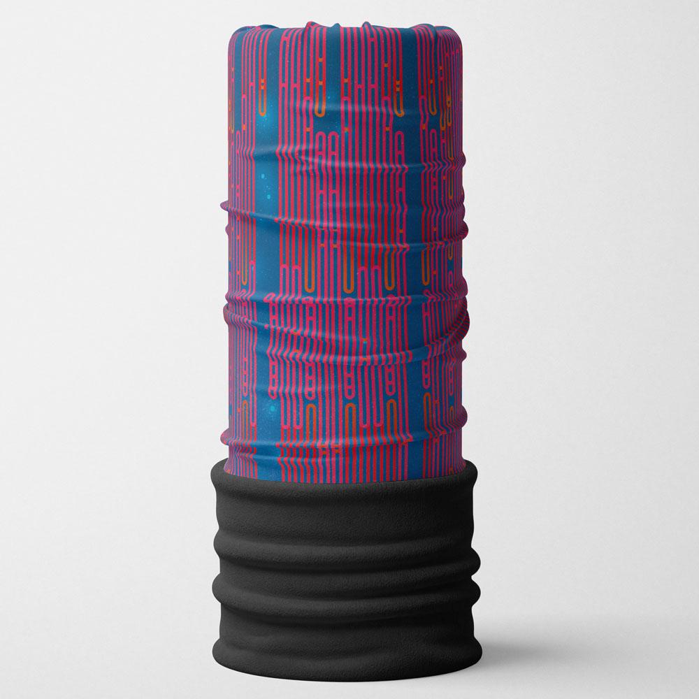 A blue and red striped tubular neck gaiter with a black ribbed bottom on a white background.