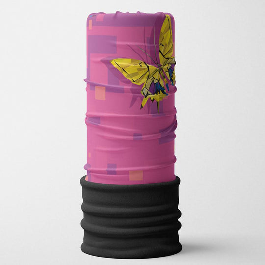 Pink multifunctional tube with a geometric yellow butterfly design and black ribbed base.