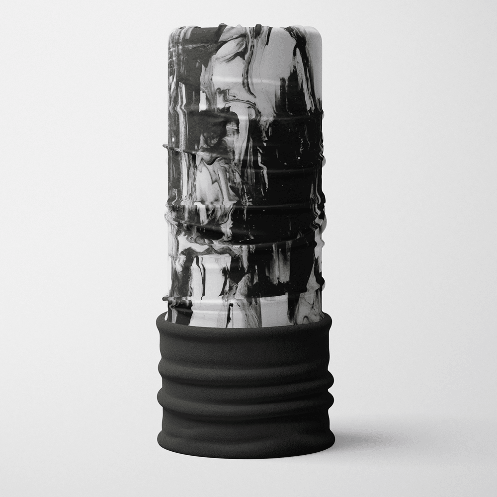 A tall, upright tube accessory with a black and white abstract marbling pattern and a black fleece bottom.
