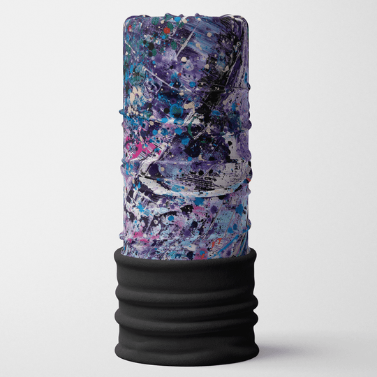 A cylindrical tube accessory with a vibrant, abstract cosmic print and a black ribbed bottom, standing upright against a white background.