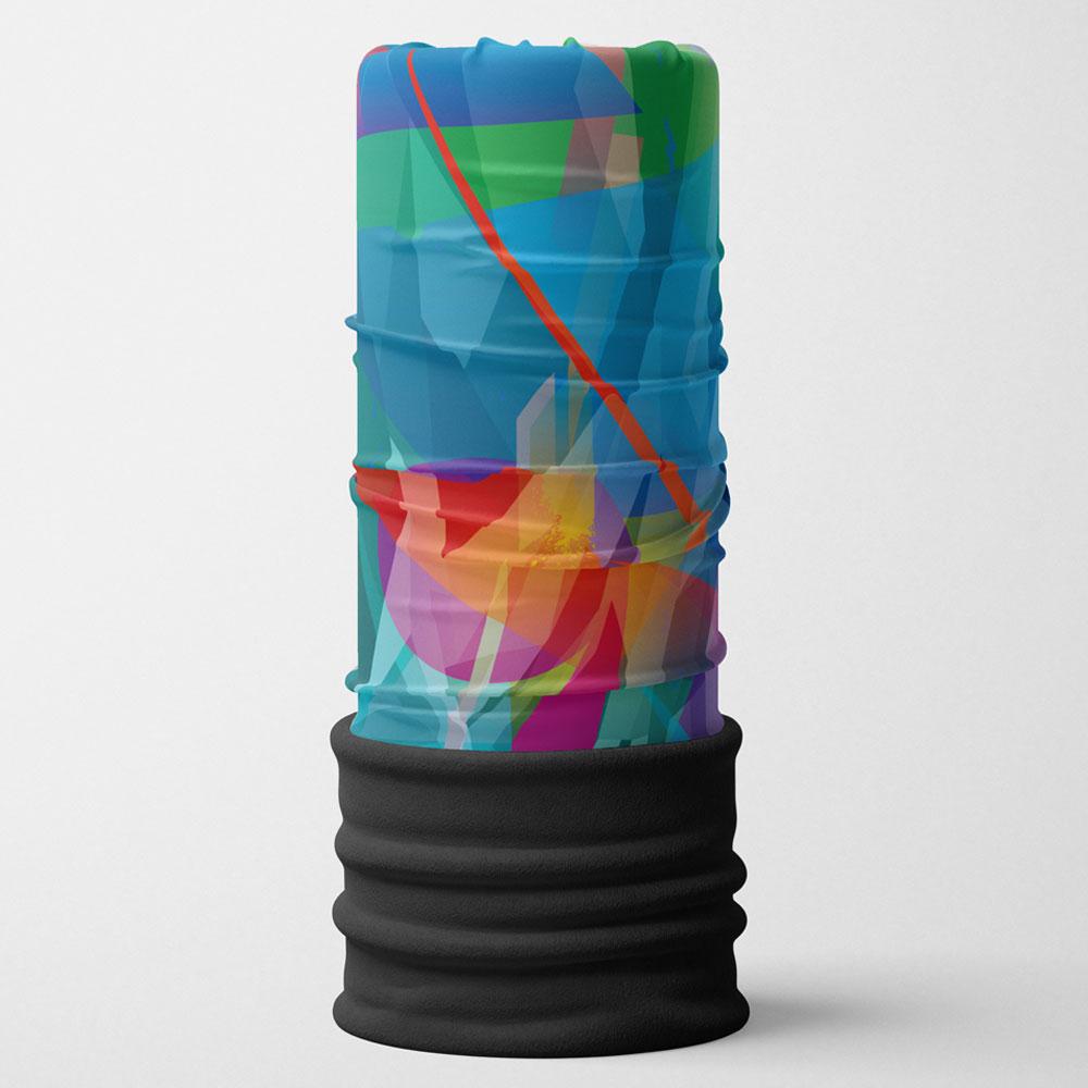 A vertical tube neck gaiter with a vibrant abstract blue, green, and orange print and a black fleece lining.