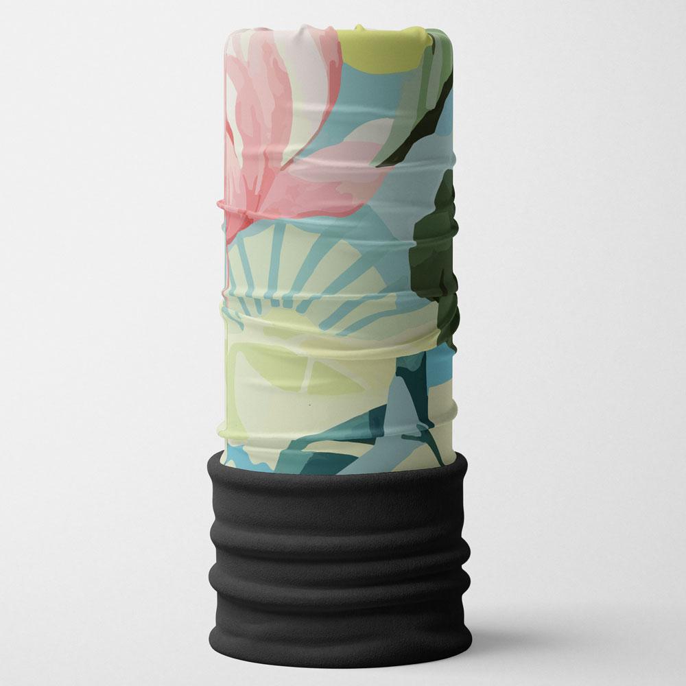 A single colorful floral print multifunctional neck tube standing upright.