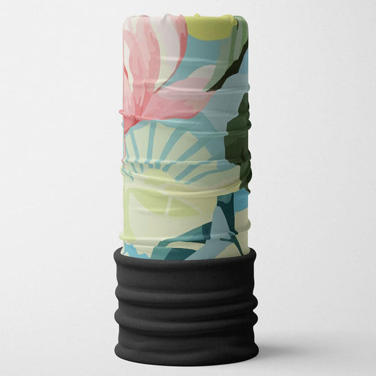 A single colorful floral print multifunctional neck tube standing upright.
