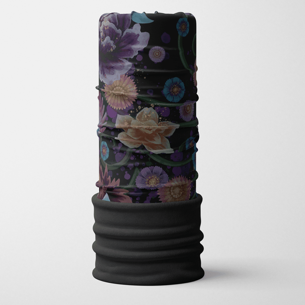 Black multifunctional tube featuring a vibrant floral print with purple and yellow blossoms.