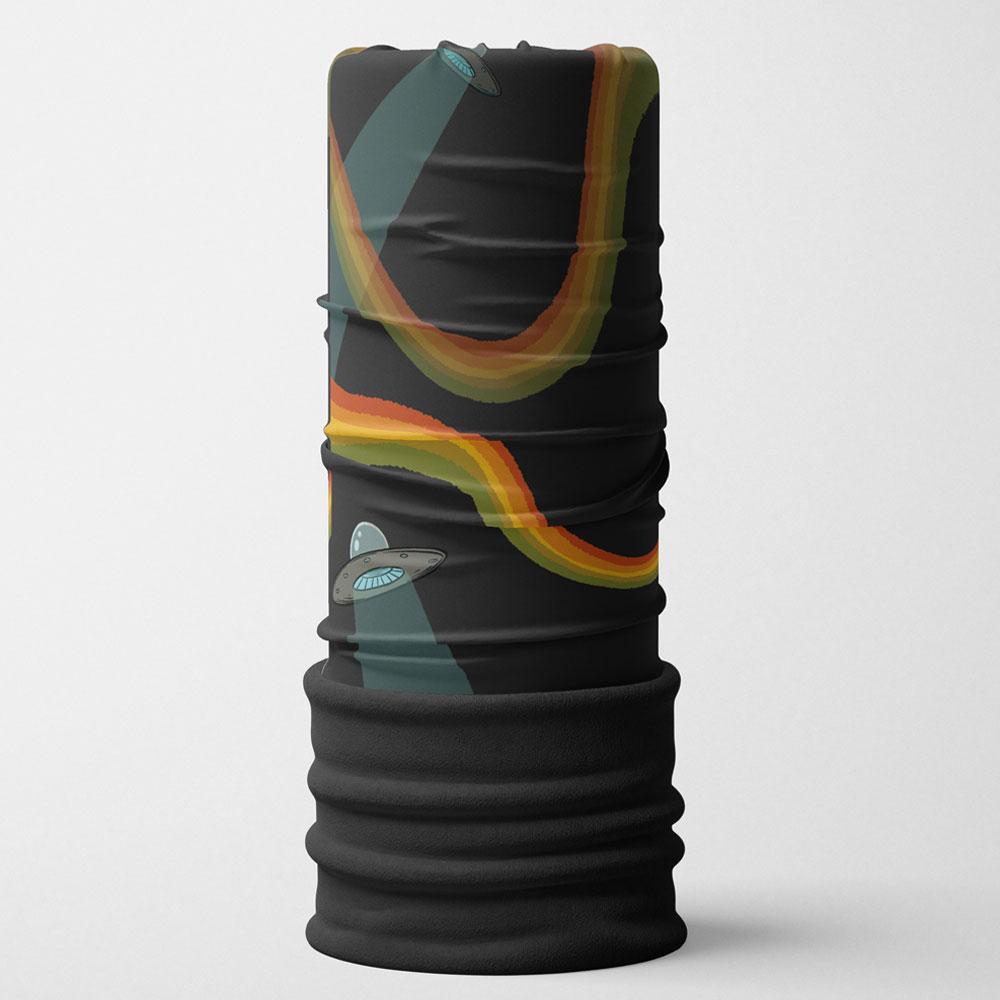 Black neck gaiter with a colorful UFO and rainbow trail design