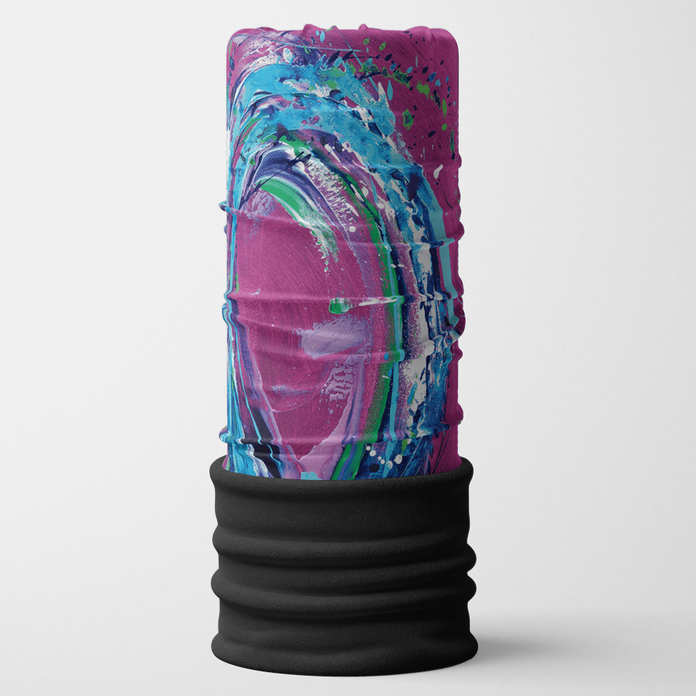 A cylindrical fabric tube with a vibrant, abstract art print, featuring blues, pinks, and greens, shown standing on a white background with a black fleece lining at the bottom.