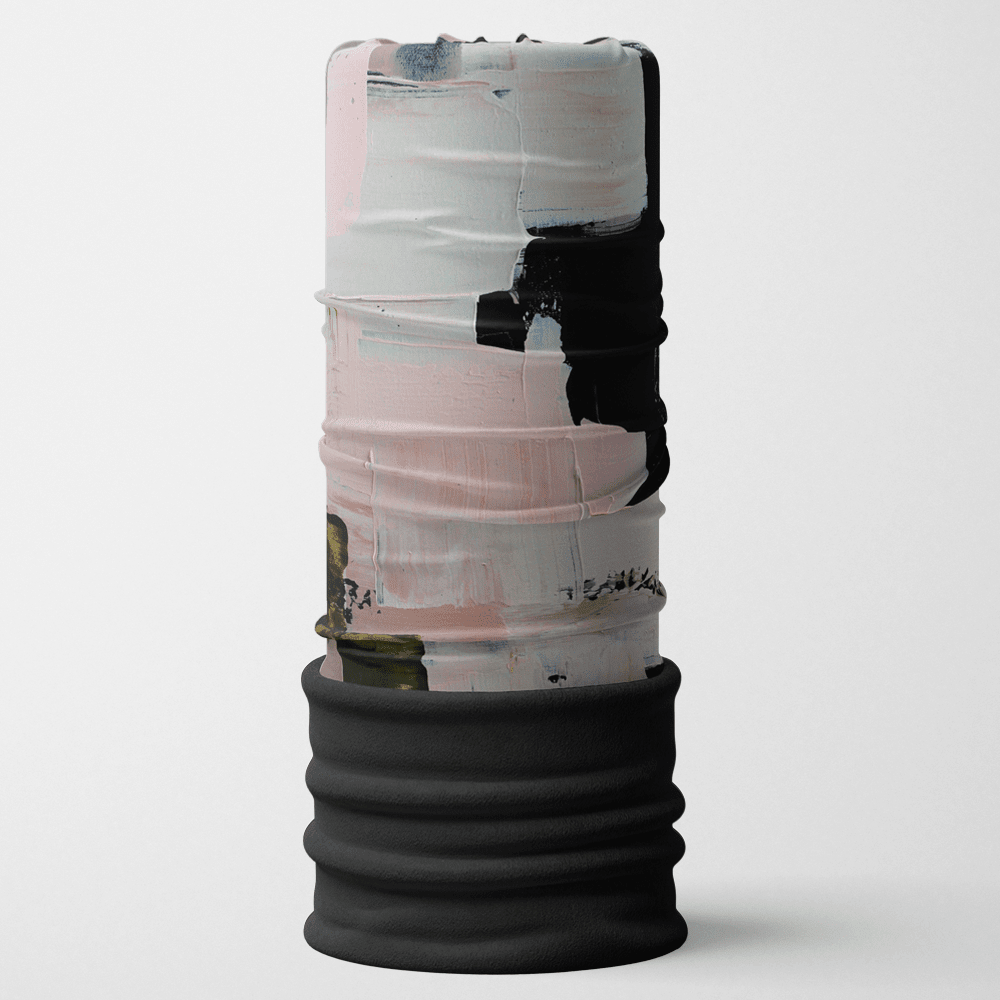POLAR Modern Quilt Multifunctional Tube product detail, showing abstract black and pink brushstrokes on a white background with a black ribbed bottom.