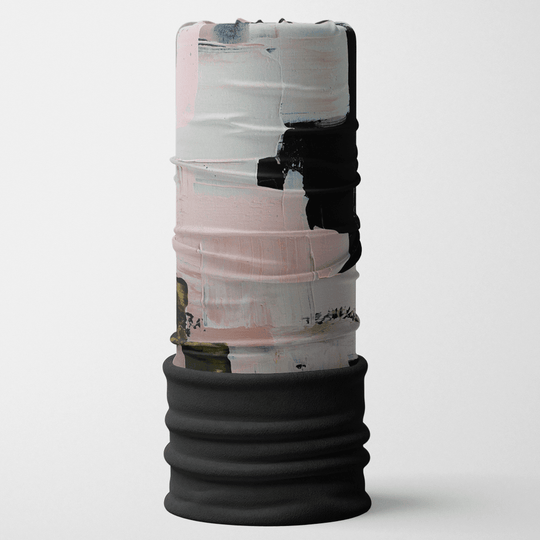 POLAR Modern Quilt Multifunctional Tube product detail, showing abstract black and pink brushstrokes on a white background with a black ribbed bottom.
