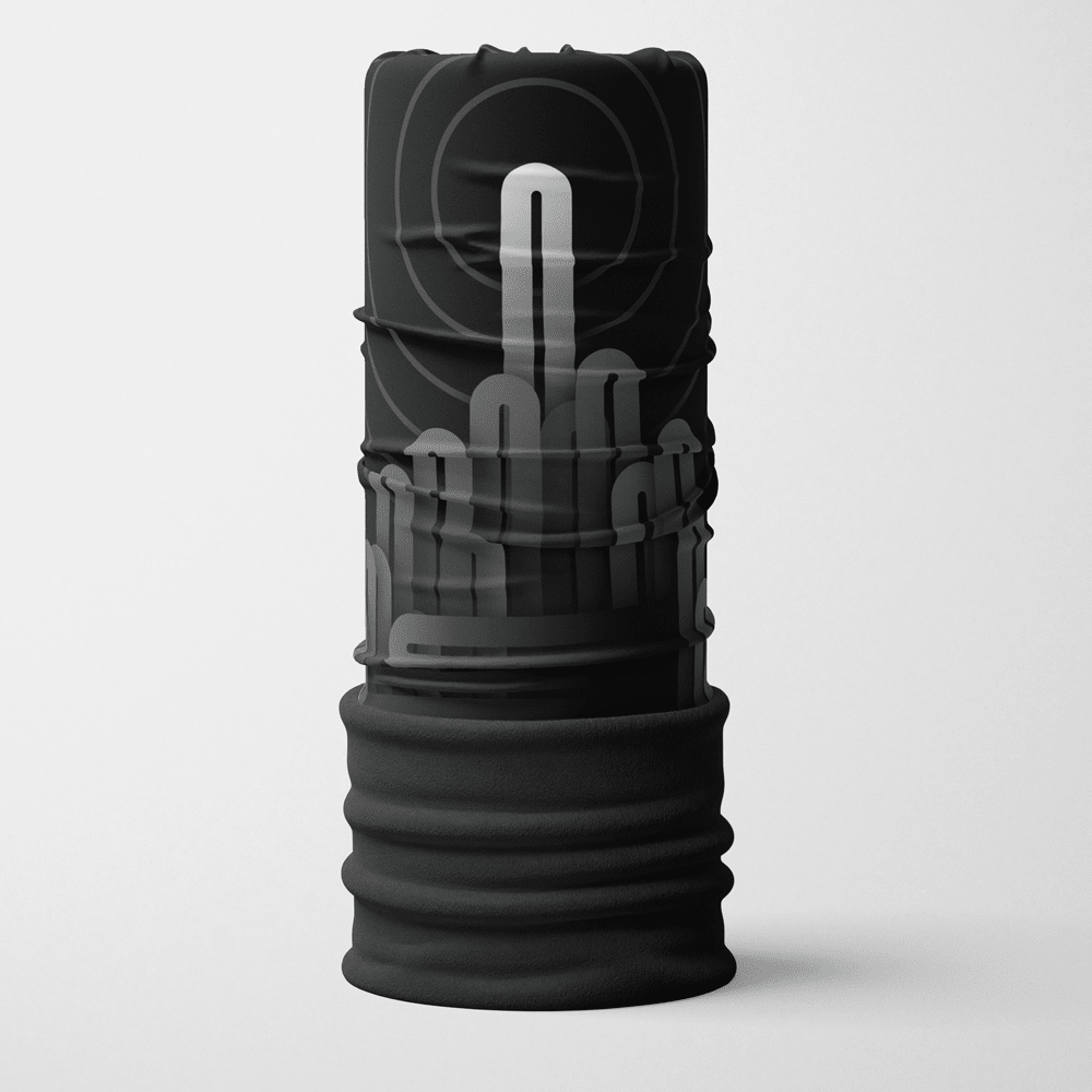 A black multifunctional neck tube with a grey graphic design featuring concentric circles and a stylized cityscape.