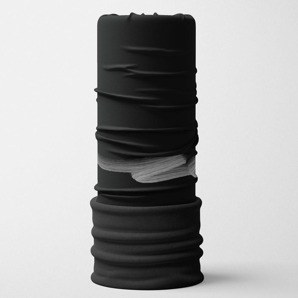 Black multifunctional neck tube with a white brushstroke art design and a black ribbed hem.