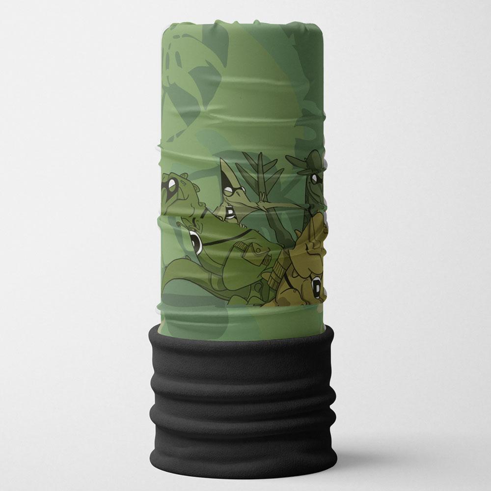 Green and brown dinosaur print multifunctional tube with a black ribbed bottom edge