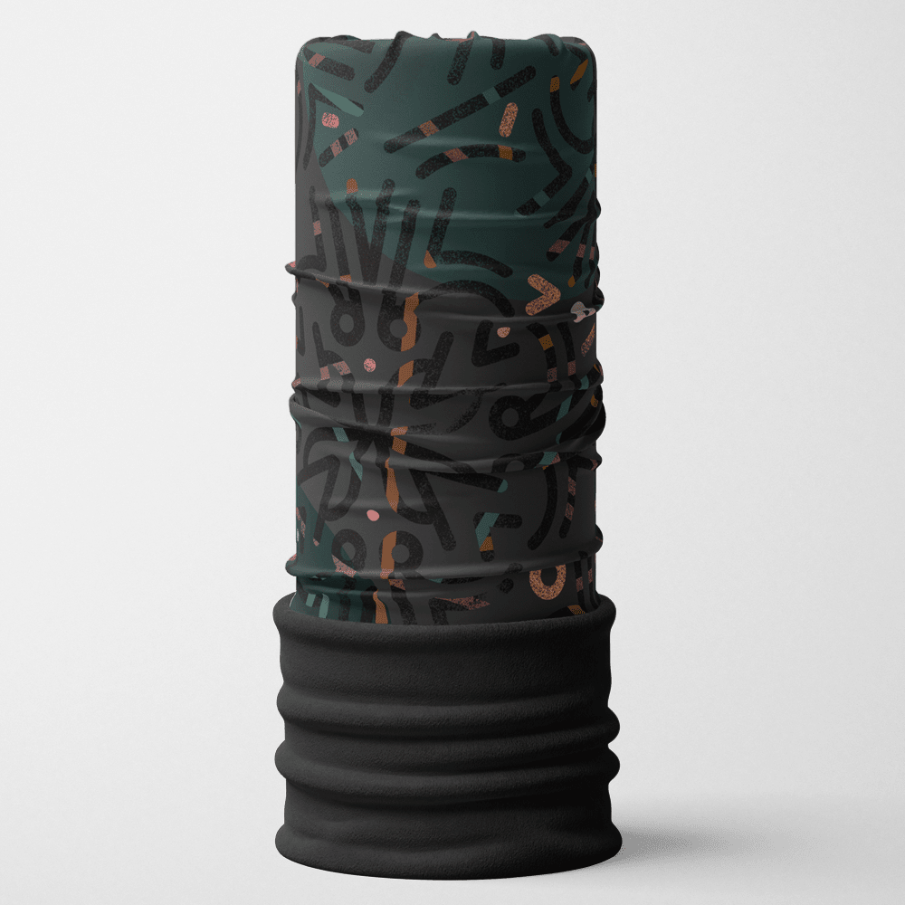 A grey multifunctional neck tube with a black fleece bottom, featuring a dark grey abstract pattern with orange and tan accents.