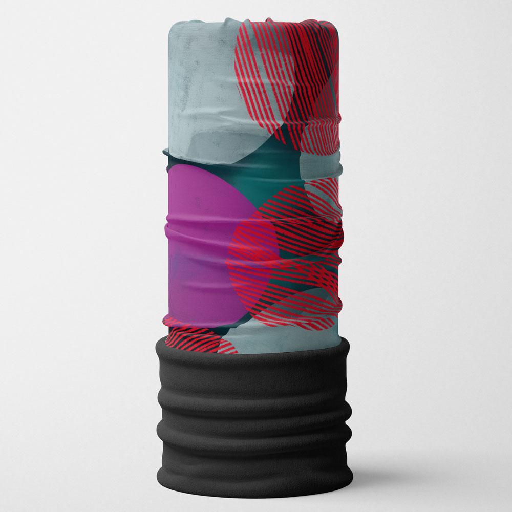 A standing cylindrical neck gaiter with a Teal Dots abstract pattern in blue, pink, and red stripes against a grey background.