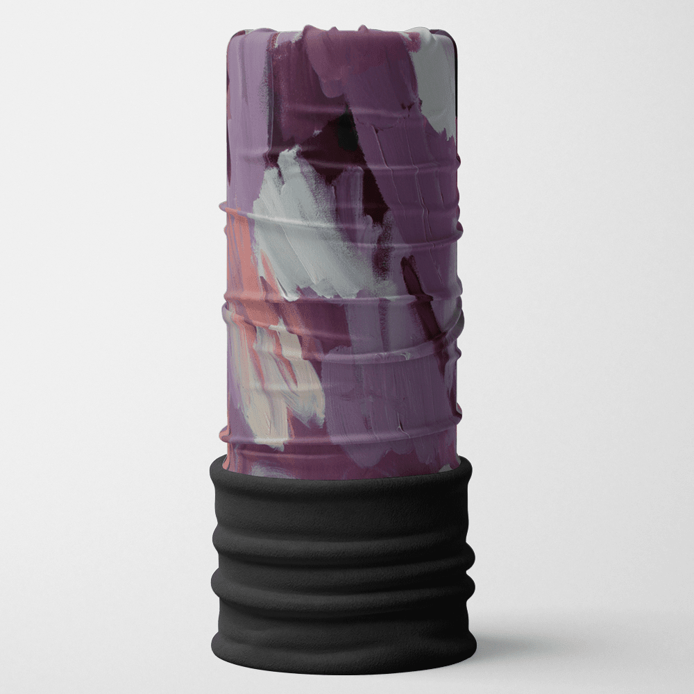 A cylindrical multifunctional tube with a purple, pink, and white abstract paint stroke design and a black ribbed bottom.