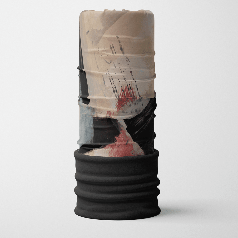 A cylindrical POLAR Vie en Rose Multifunction Tube with abstract art in pink, beige, and black, featuring a black ribbed lower band.
