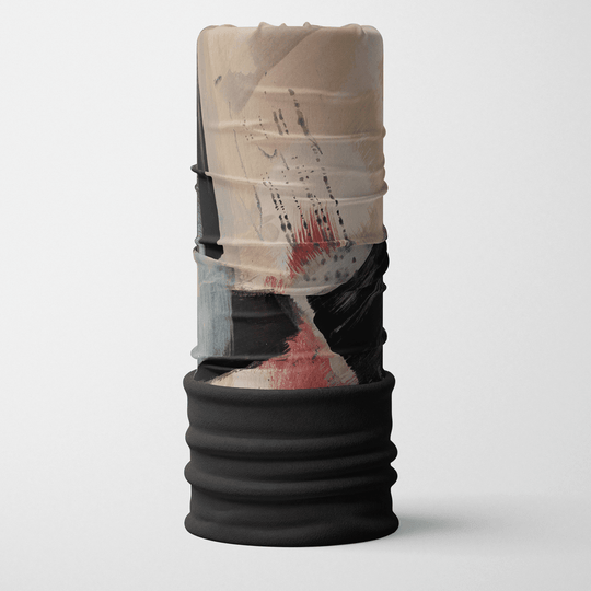 A cylindrical POLAR Vie en Rose Multifunction Tube with abstract art in pink, beige, and black, featuring a black ribbed lower band.