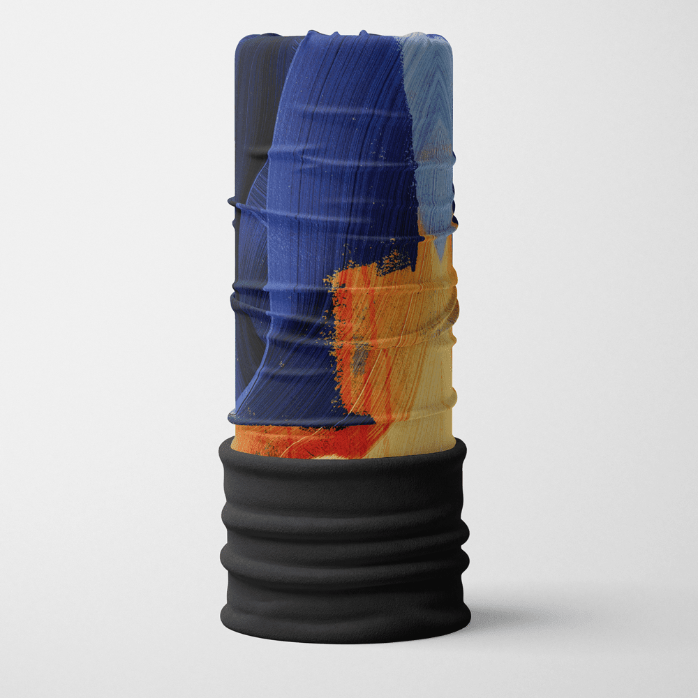 POLAR Yellow & Blue Multifunctional Tube neck warmer with abstract art pattern in blue and orange.