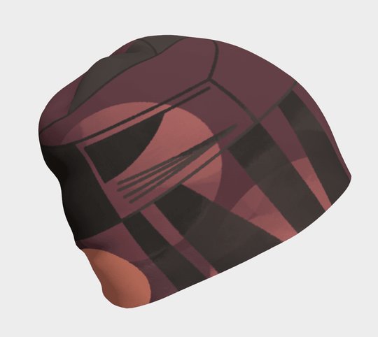 Close-up of a Purple Geometrics Beanie with a geometric abstract pattern in plum, grey, and peach.