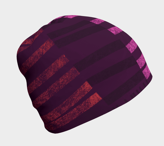Purple Waves beanie with horizontal pink and red stripes on a plum background, angled view.