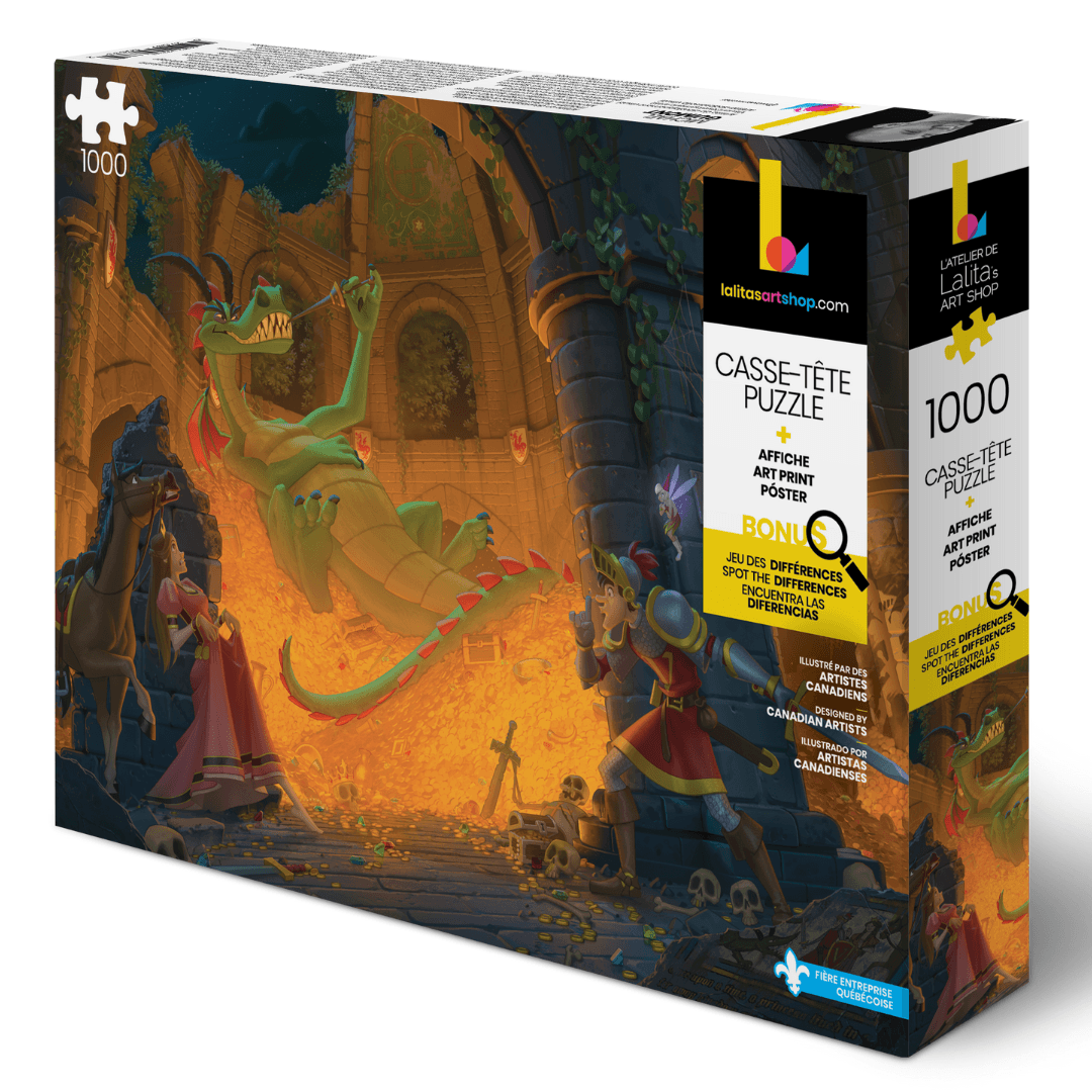 Puzzle box featuring a dragon, knights, and princesses in a medieval treasure hoard scene.