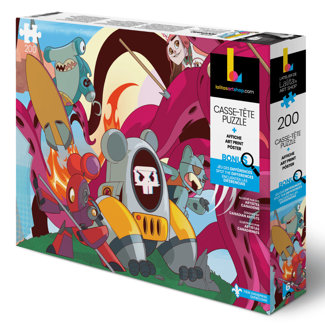 Box of "Heros" 200-piece jigsaw puzzle featuring colorful cartoon robots and characters in an action scene with a pink organic background.