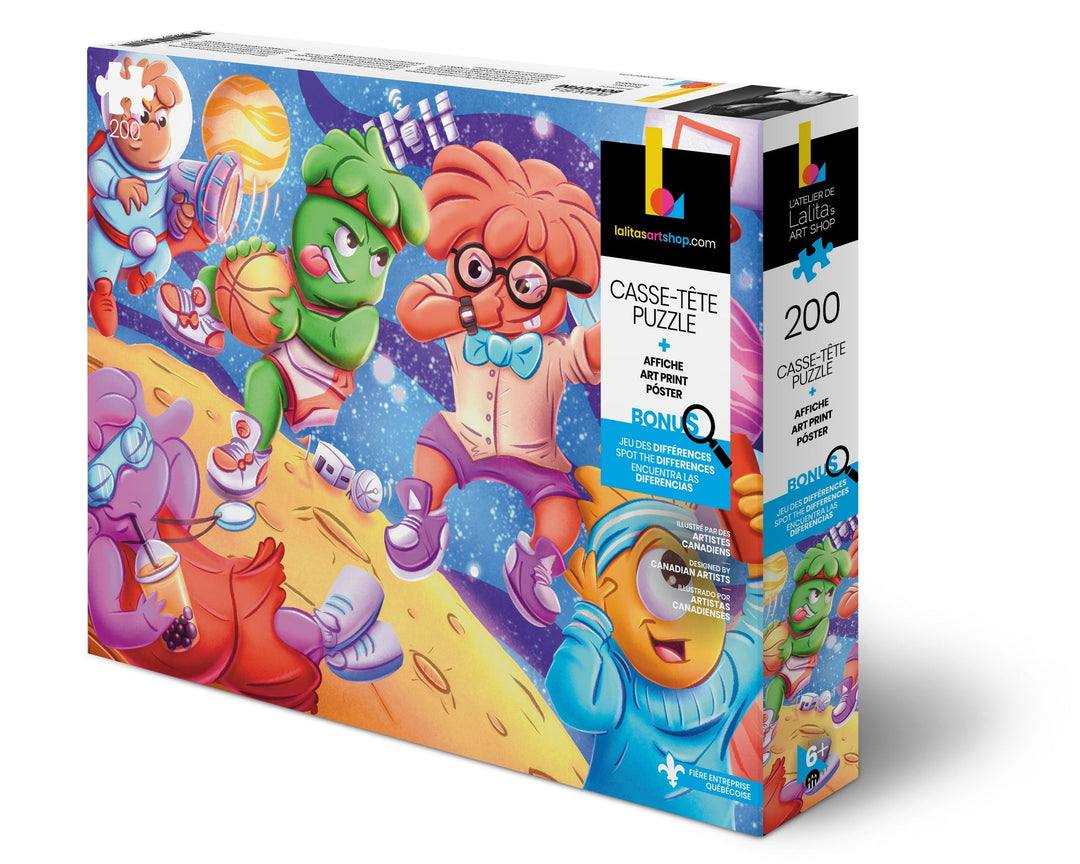 Box of the Cosmic Slam 200-piece jigsaw puzzle, showing cartoon characters playing basketball in space.