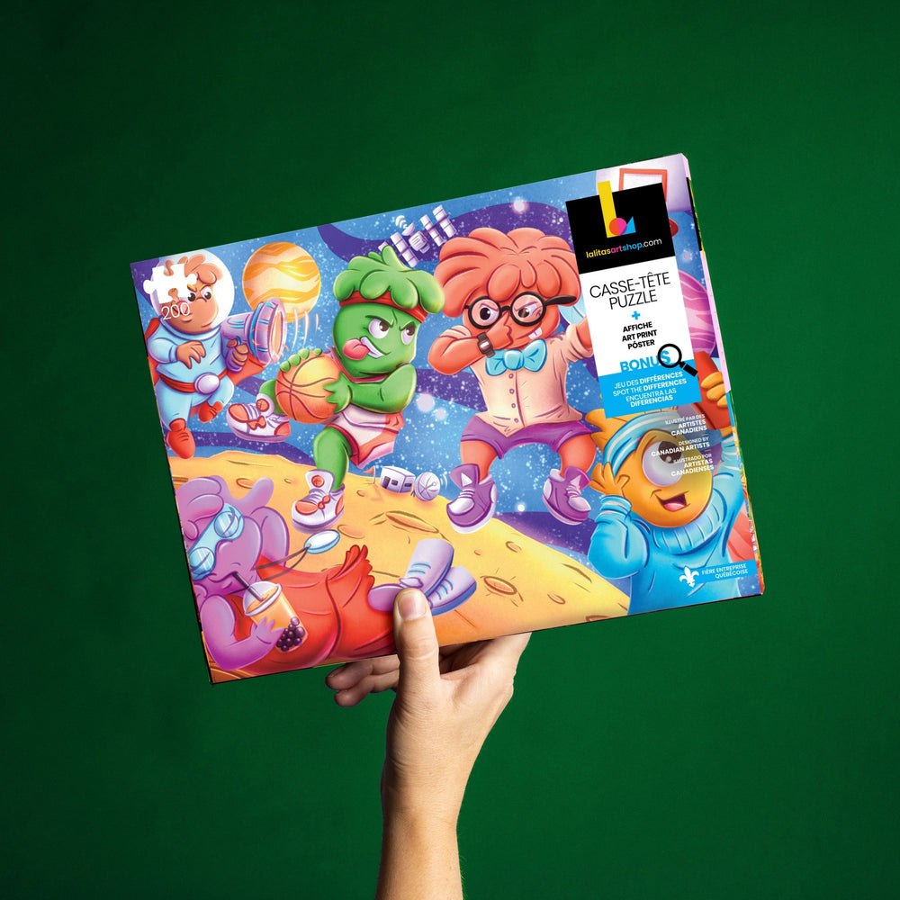 Hand holding the Cosmic Slam jigsaw puzzle box, showcasing its vibrant artwork and bilingual packaging.