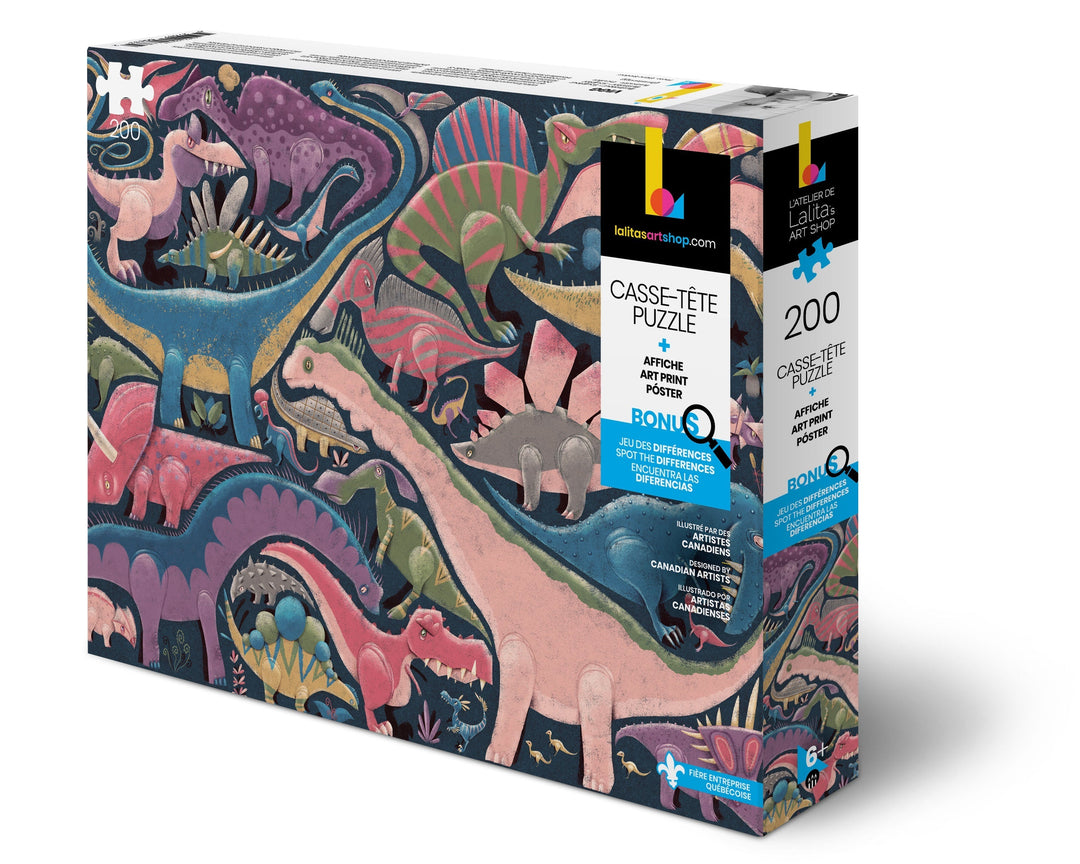 Product box for "Dinosaurs Galore!" 200-piece jigsaw puzzle, showcasing colourful dinosaur illustrations in a pastel palette.
